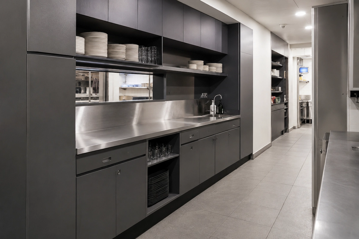 Commercial back of house waiter station joinery Melbourne by Northside Joinery, high-pressure laminate cabinetry with practical storage configuration