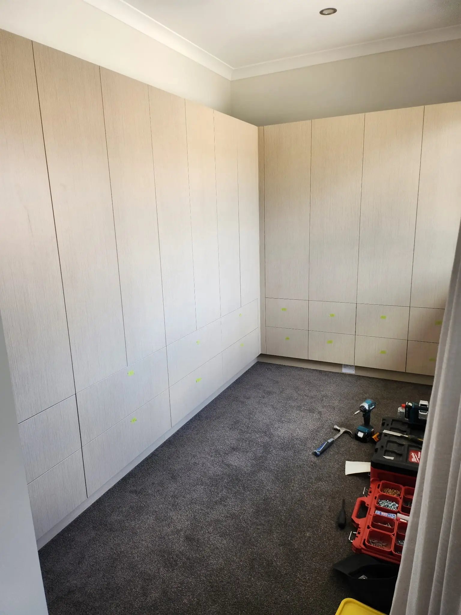 Walk-in wardrobe nearing completion, custom joinery by Northside Joinery Melbourne
